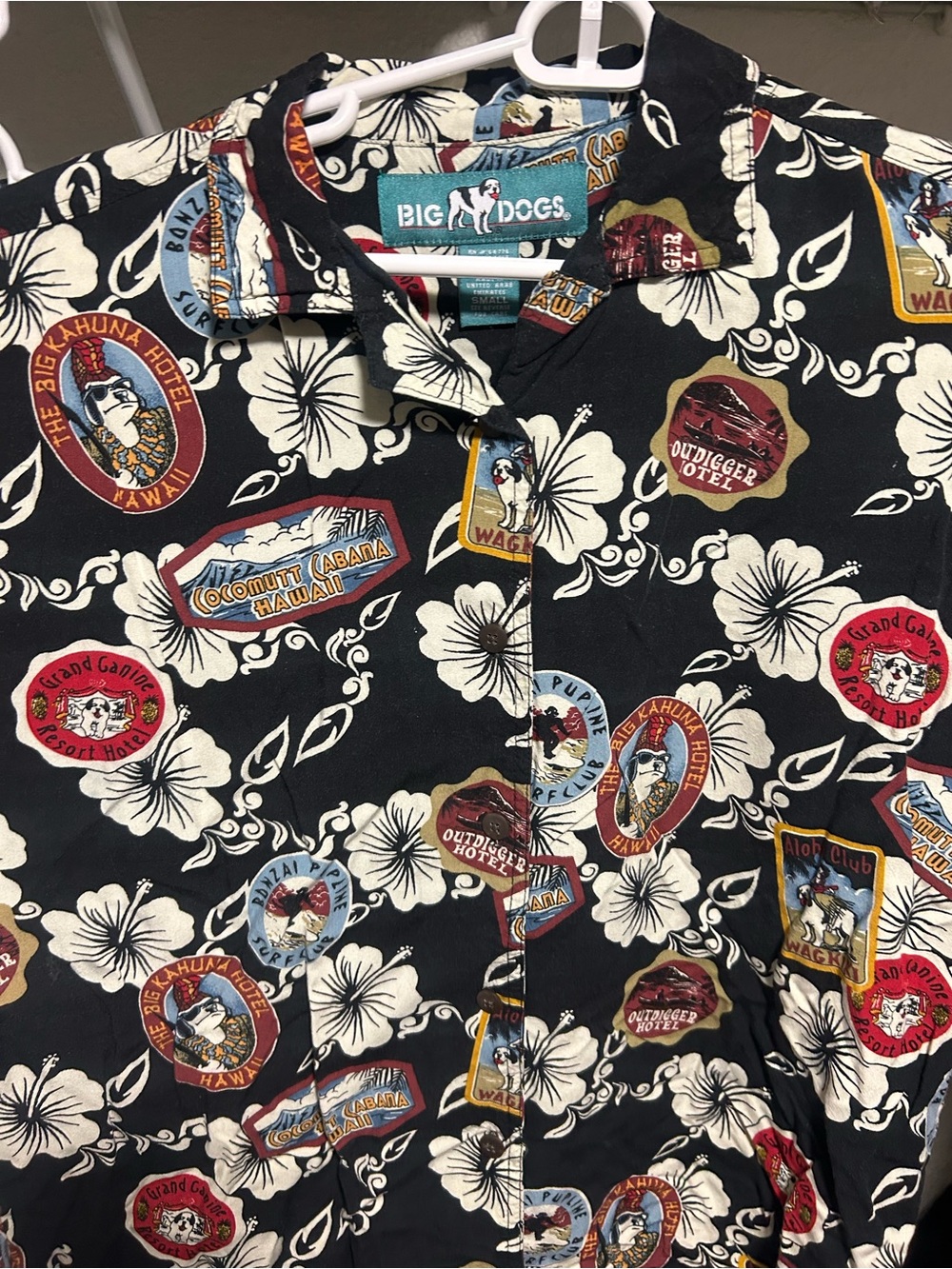 Big Dogs Women's Black Hawaiian Button-Down Shirt with White Floral Print